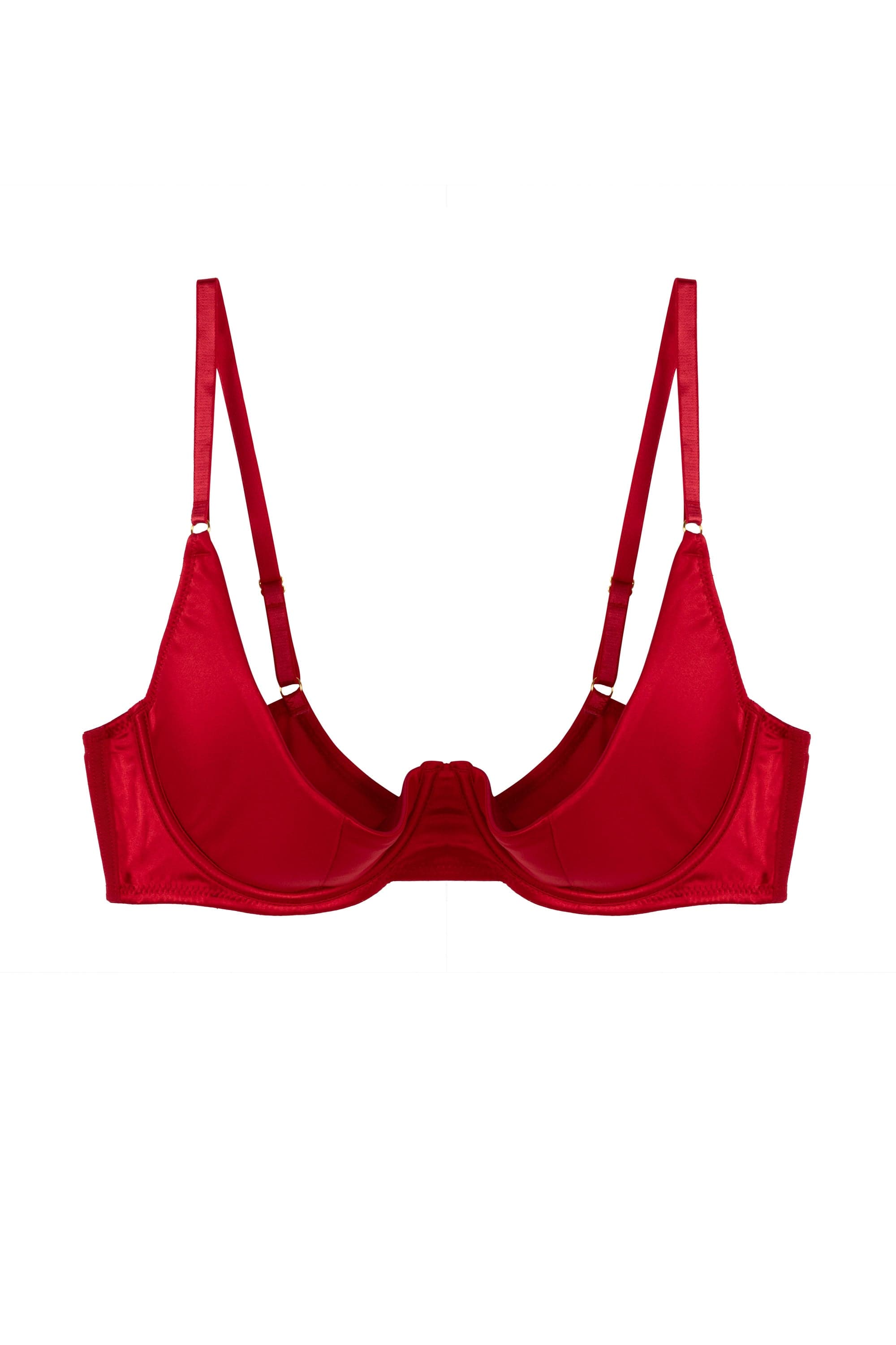 Underwire red satin quarter cup bra with shoulder straps