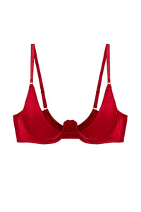 Underwire red satin quarter cup bra with shoulder straps