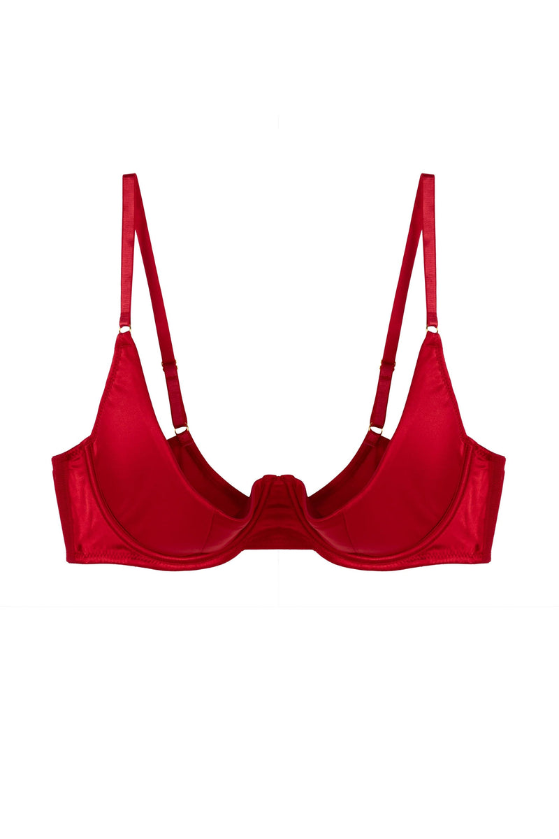 Underwire red satin quarter cup bra with shoulder straps