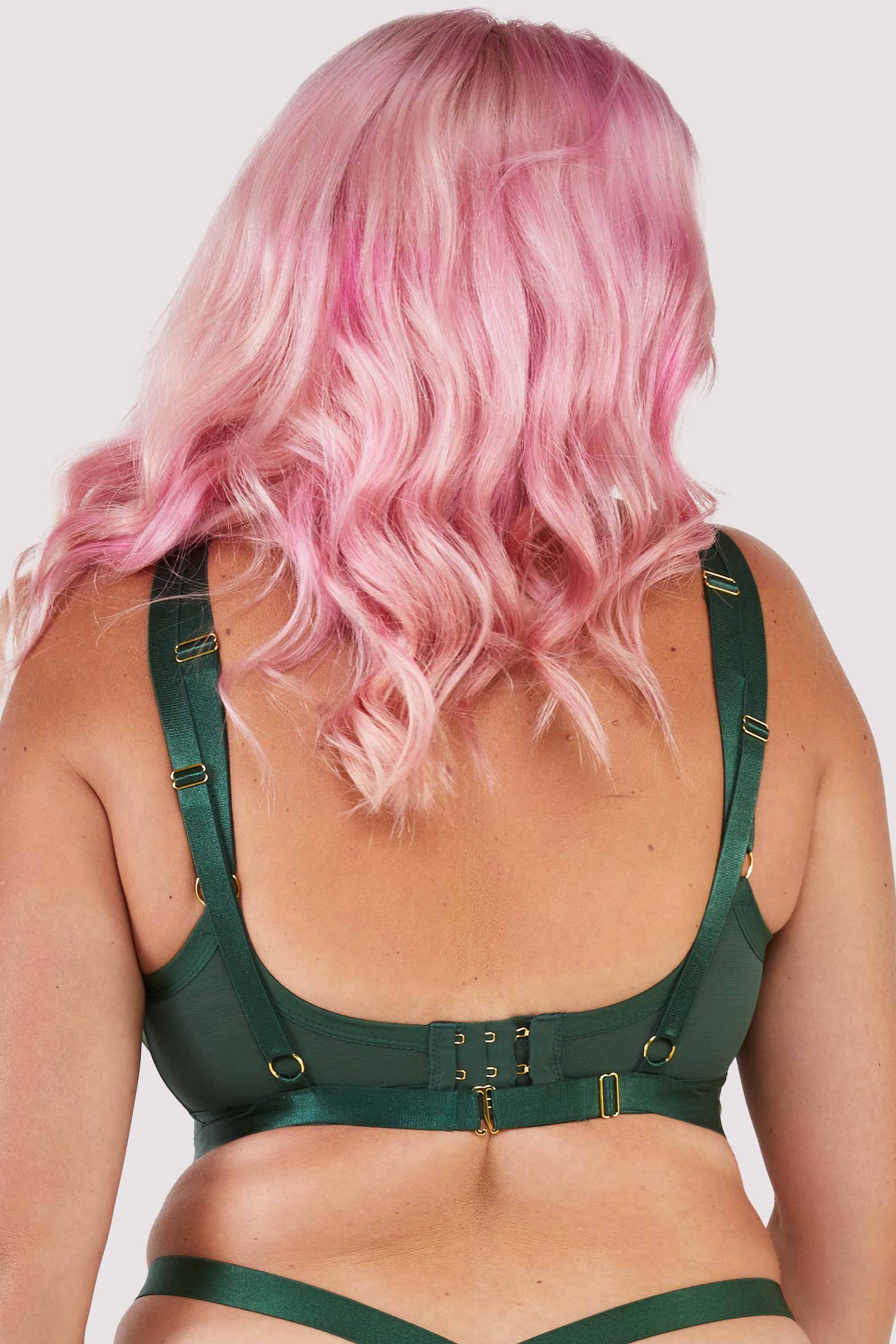 Green satin harness style bra with mesh panelling.