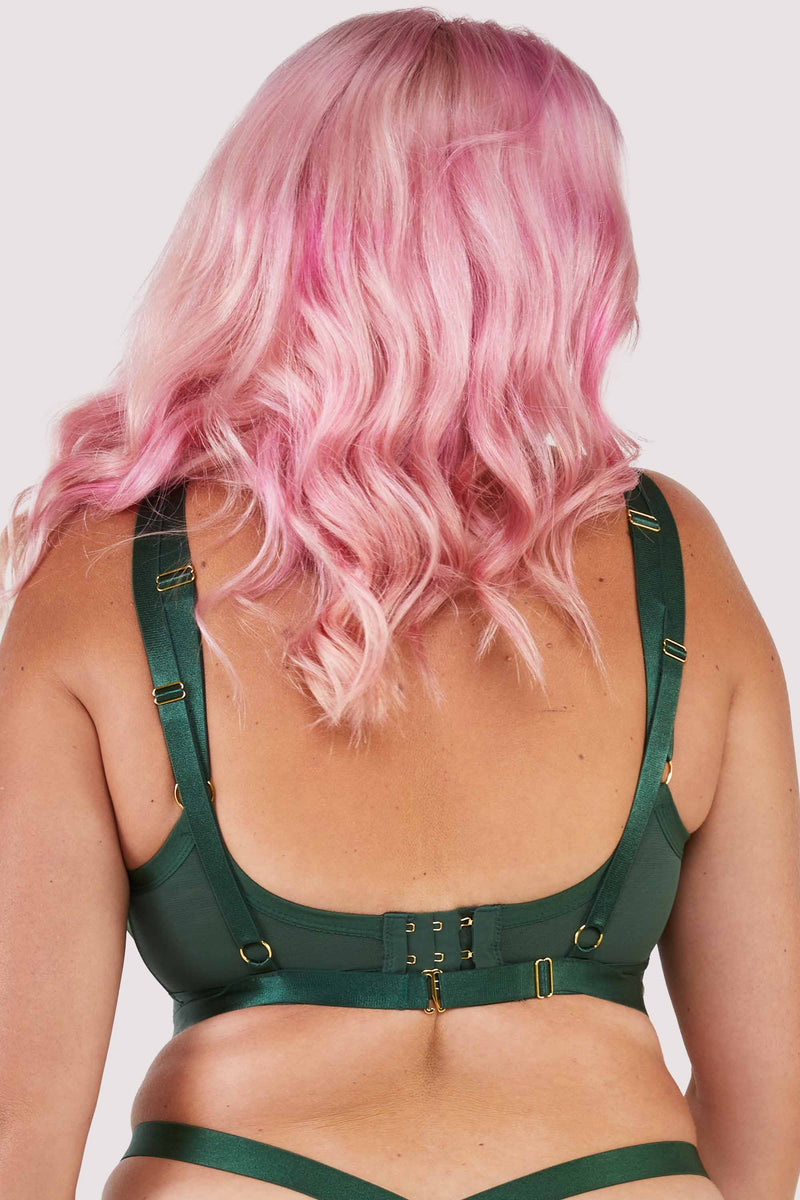 Green satin harness style bra with mesh panelling.