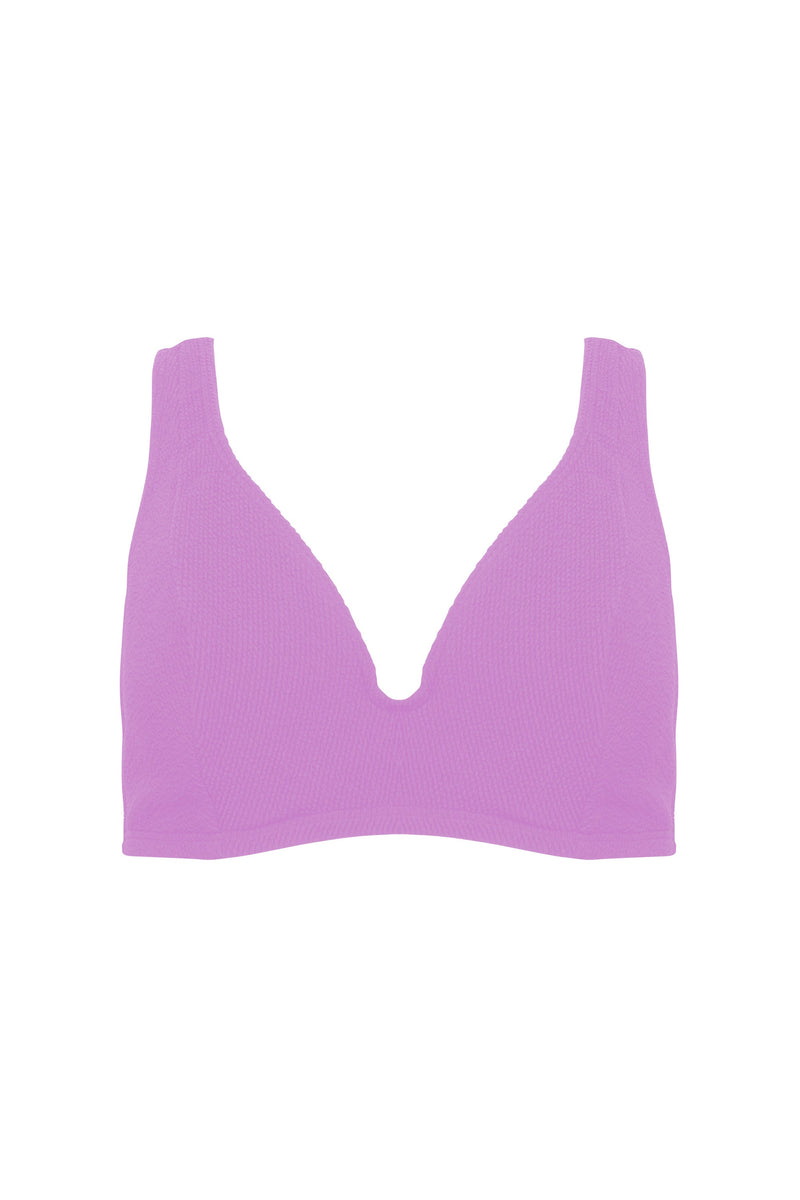 Lilac scrunch fabric hidden underwire bikini top with thick shoulder straps