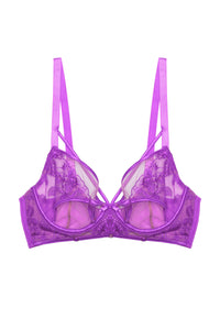 Purple lace longline DD+ plunge bra with harness straps