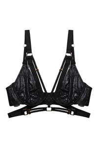 Black wet look lace plunge bra with straps