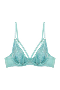 aqua plunge bra featuring sheer mesh cups with floral embroidery, supportive underwire, and decorative strappy detailing for a bold and elegant lingerie look