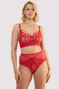 Model wears a eddie ruby red crossover high waist brief with ruby red mesh and fishnet panels, with a matching bra.