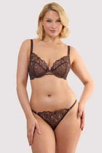 Model wears a sierra brown embroidery brief with brown floral embroidered front panel, with a matching plunge bra.