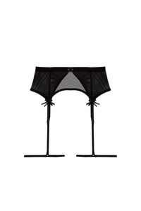 black mesh suspender belt set with adjustable thigh straps and satin bow accents