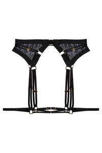 Black wet looks lace suspender with thigh harness