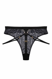 Black wet look lace high waist thong with straps