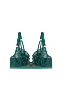 Forest green plunge bra with embroidery, scalloped lace edge and gold ring strap accents