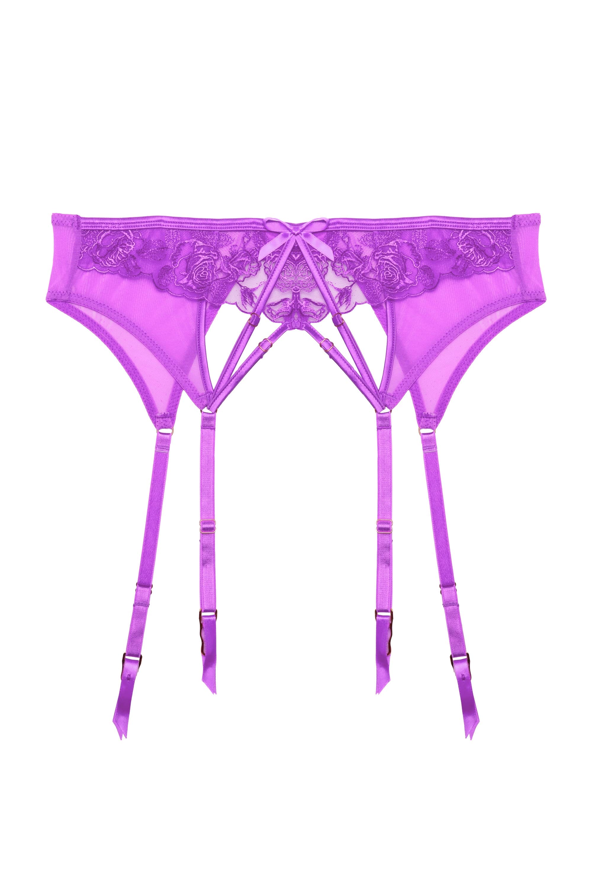 Purple strappy lace suspender belt with four straps