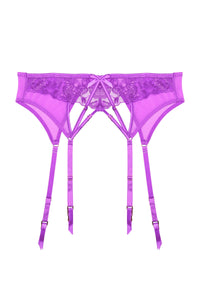 Purple strappy lace suspender belt with four straps