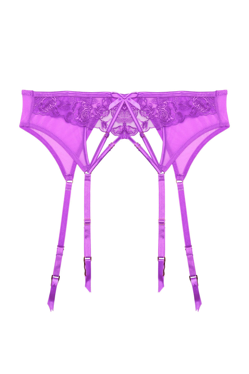 Purple strappy lace suspender belt with four straps