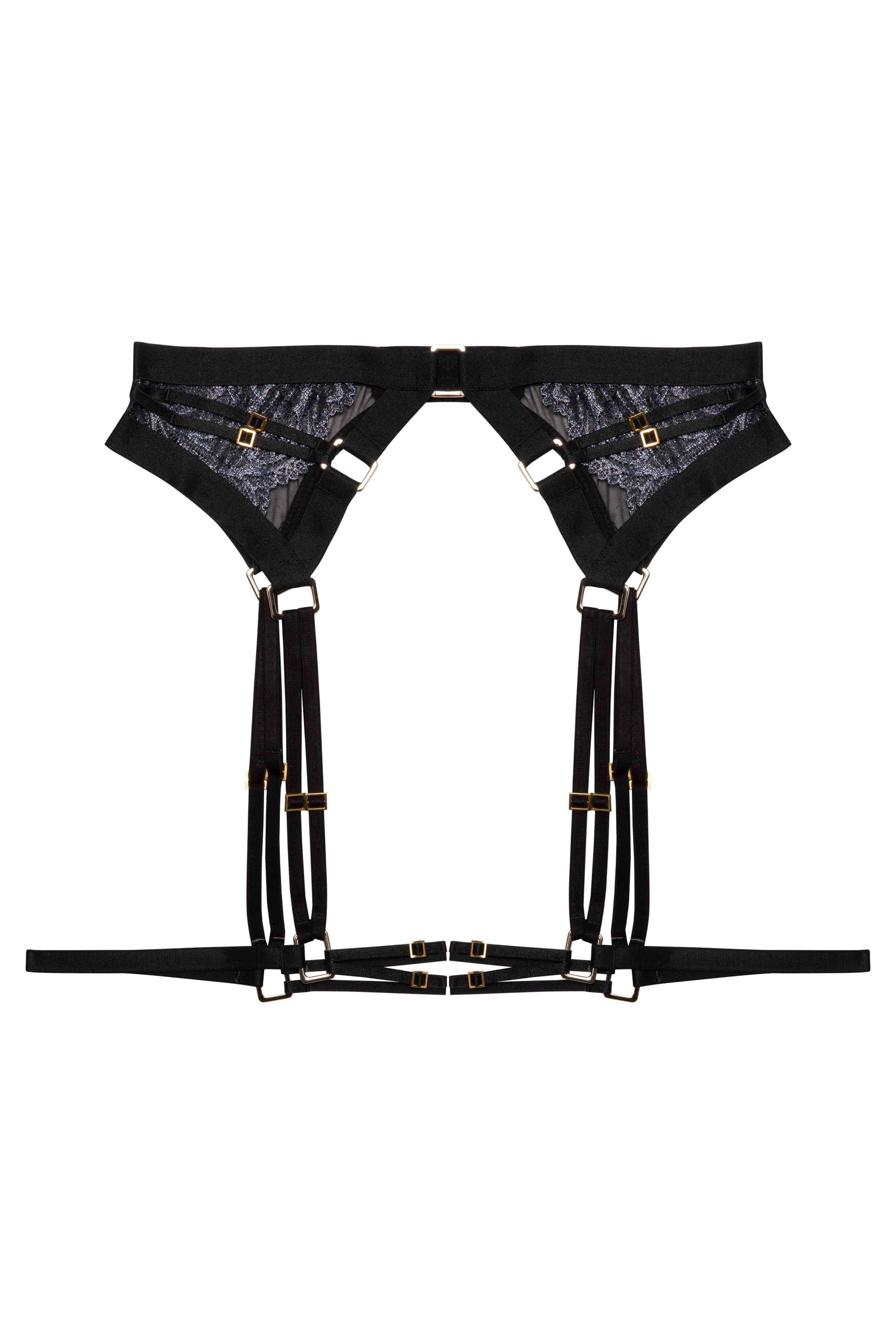 Black wet look lace suspender belt with thigh harness