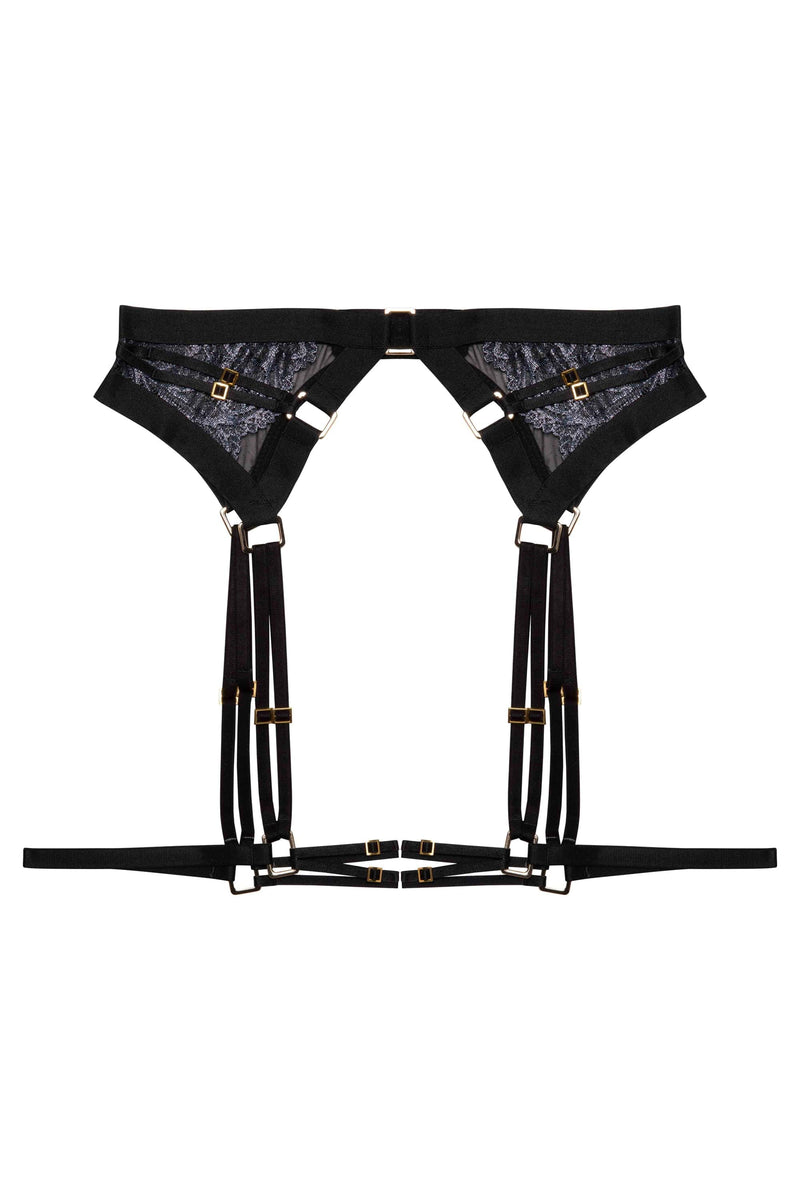 Black wet look lace suspender belt with thigh harness