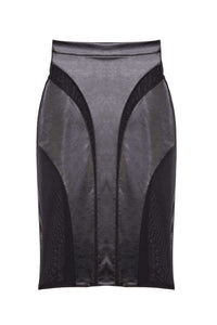 Black vegan leather mesh insert pencil skirt featuring leather panels with sheer mesh inserts with waist cinching, silhouette defining fit.