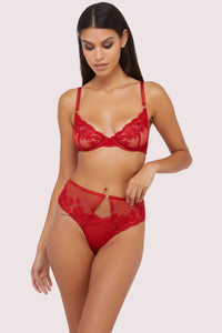 Sarina Red Embroidery High Waist Suspender Brief