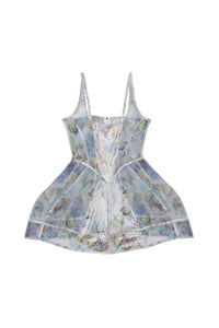 Romantic blue print sheer mesh mini dress with boned bodice, shoulder straps and tulip hem