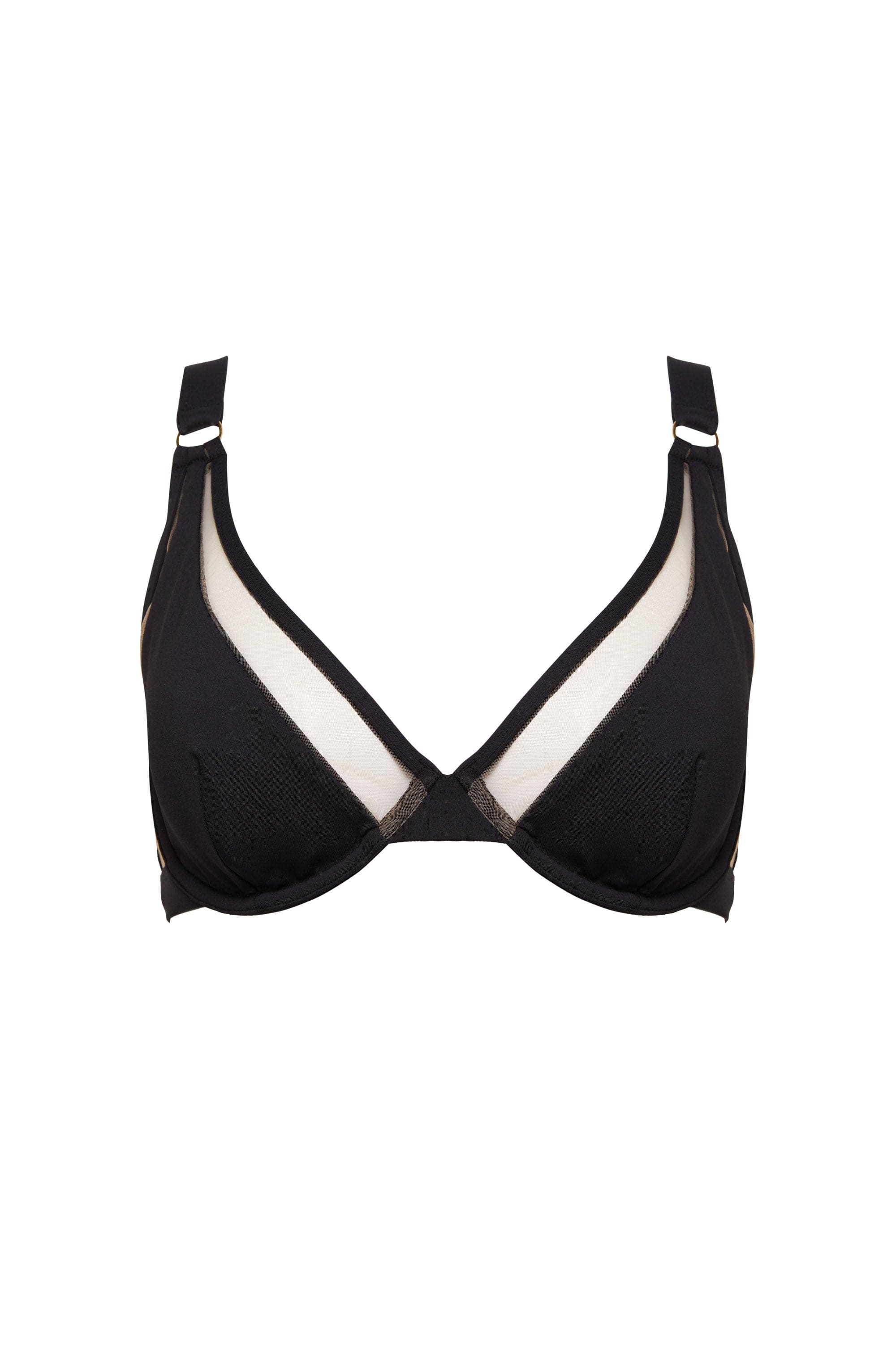 Black underwire bikini top with nude mesh panels and thick adjustable straps