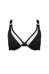 Black underwire bikini top with nude mesh panels and thick adjustable straps