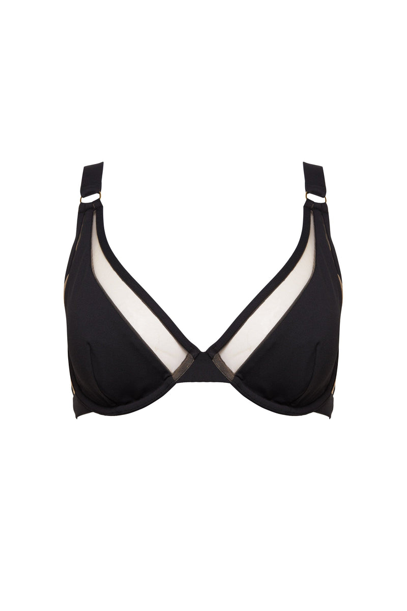 Black underwire bikini top with nude mesh panels and thick adjustable straps