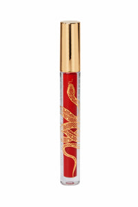 Product display of bright red matte liquid lipstick