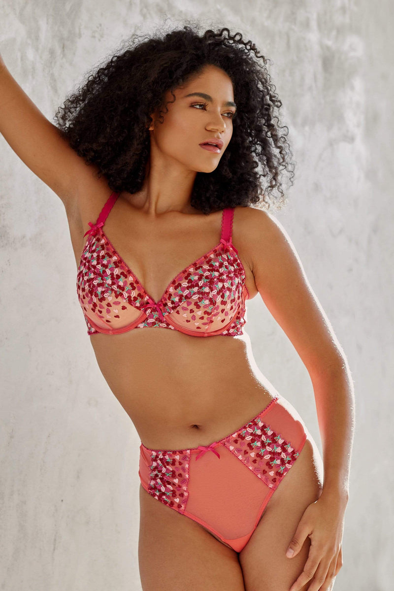 Cherry Embroidery Coral Plunge Bra